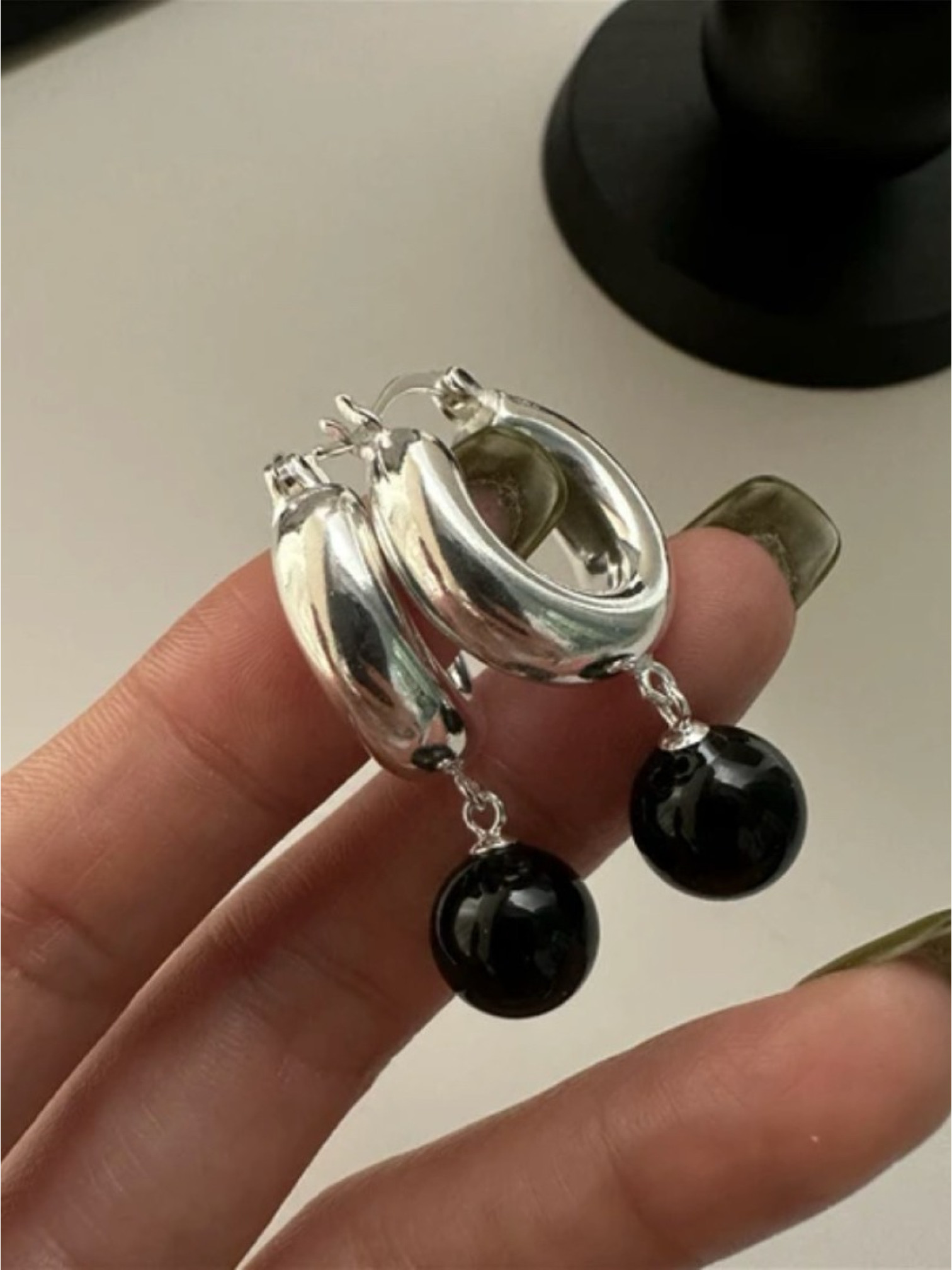 🇯🇵純銀黑瑪瑙球耳環