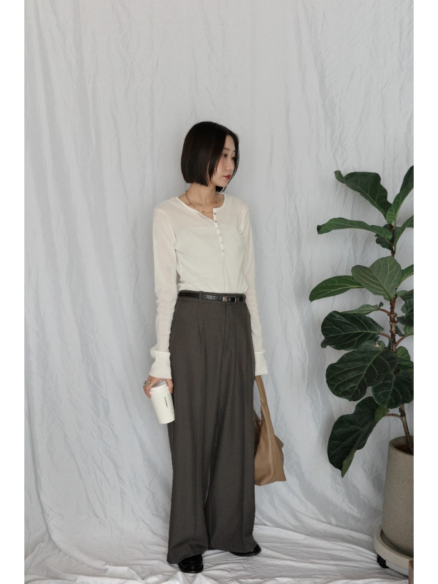 JP｜俐落收腰打褶西裝褲/灰咖M-L