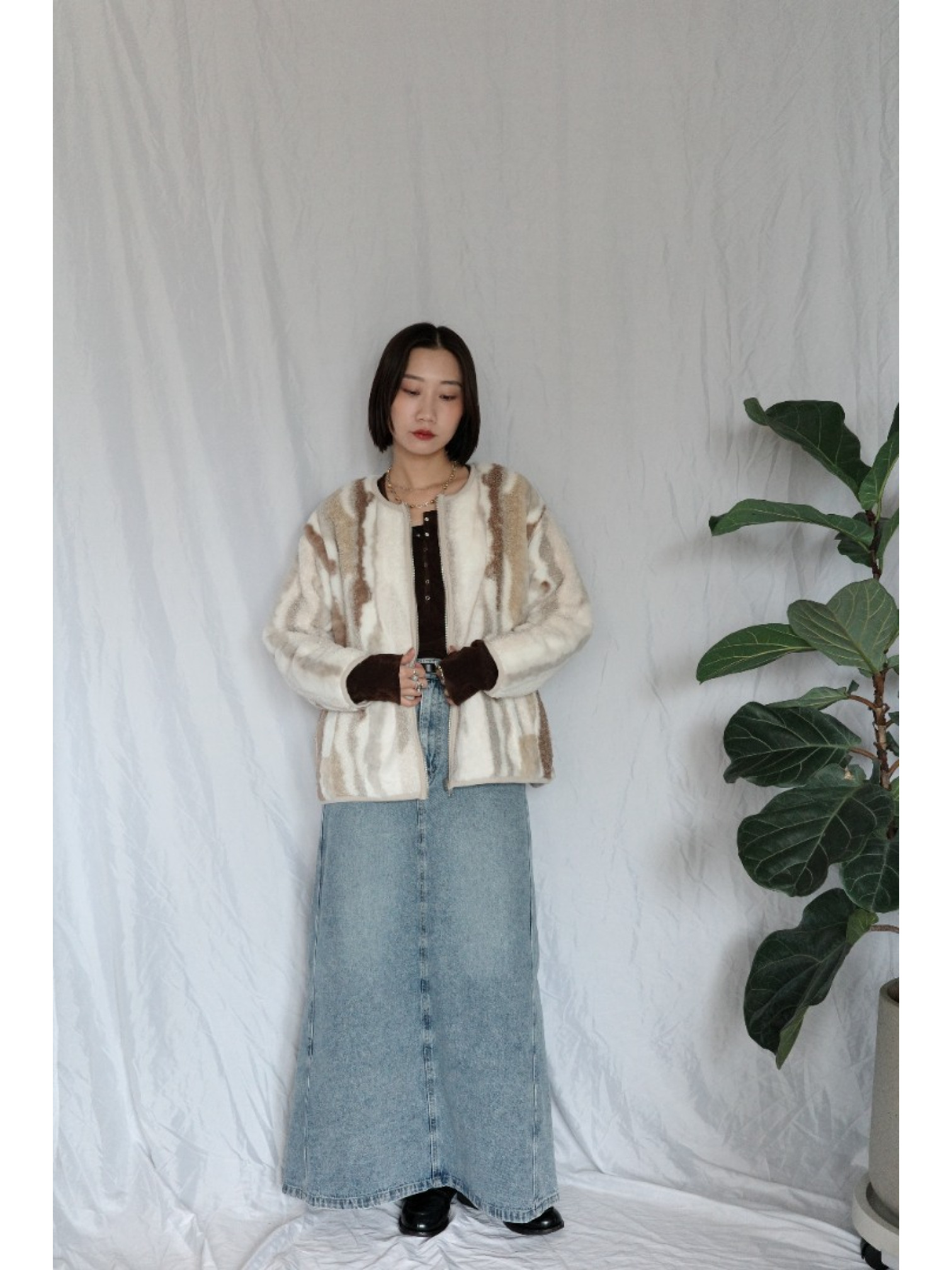 JP｜2way雙面穿波浪紋毛呢外套/米