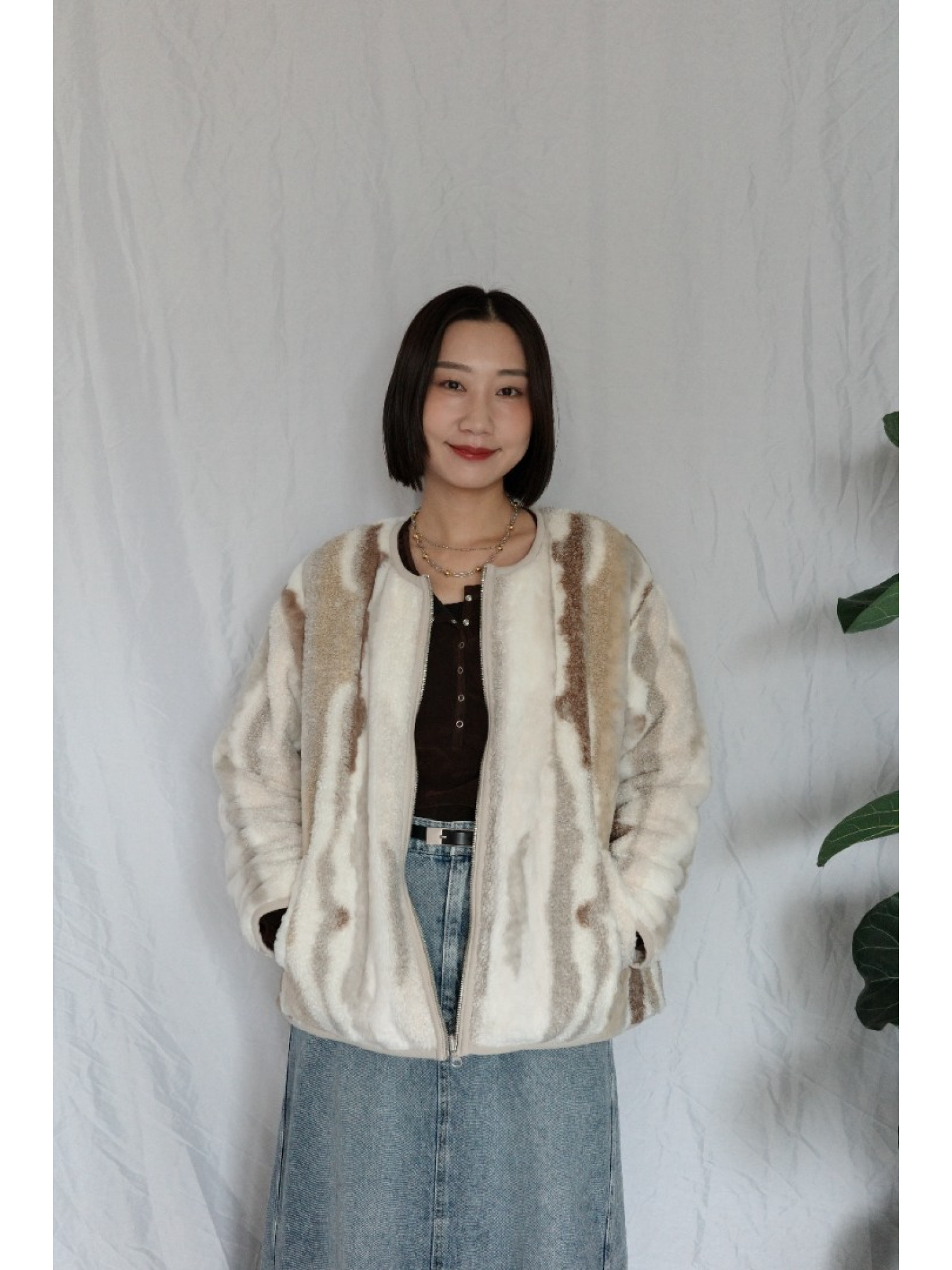 JP｜2way雙面穿波浪紋毛呢外套/米