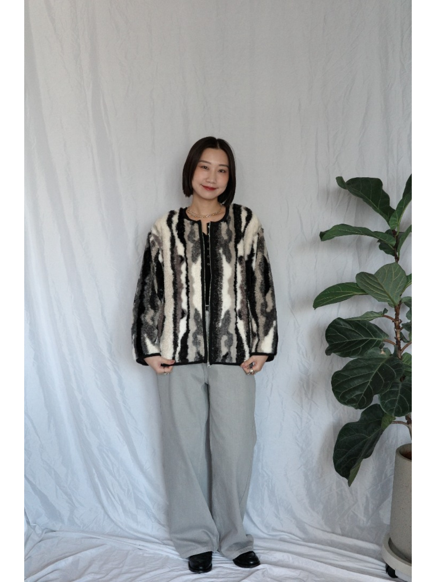 JP｜2way雙面穿波浪紋毛呢外套/黑