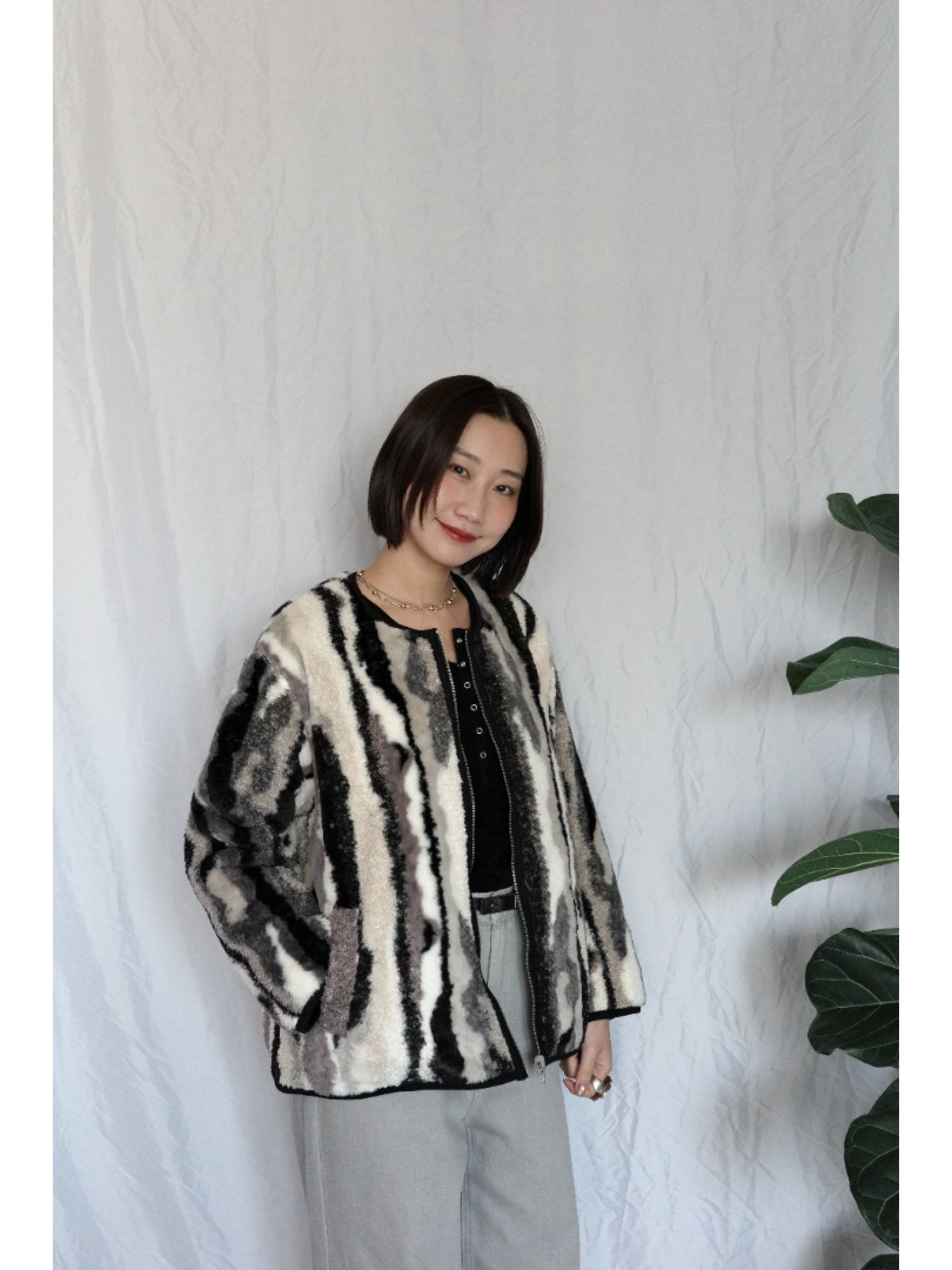 JP｜2way雙面穿波浪紋毛呢外套/黑