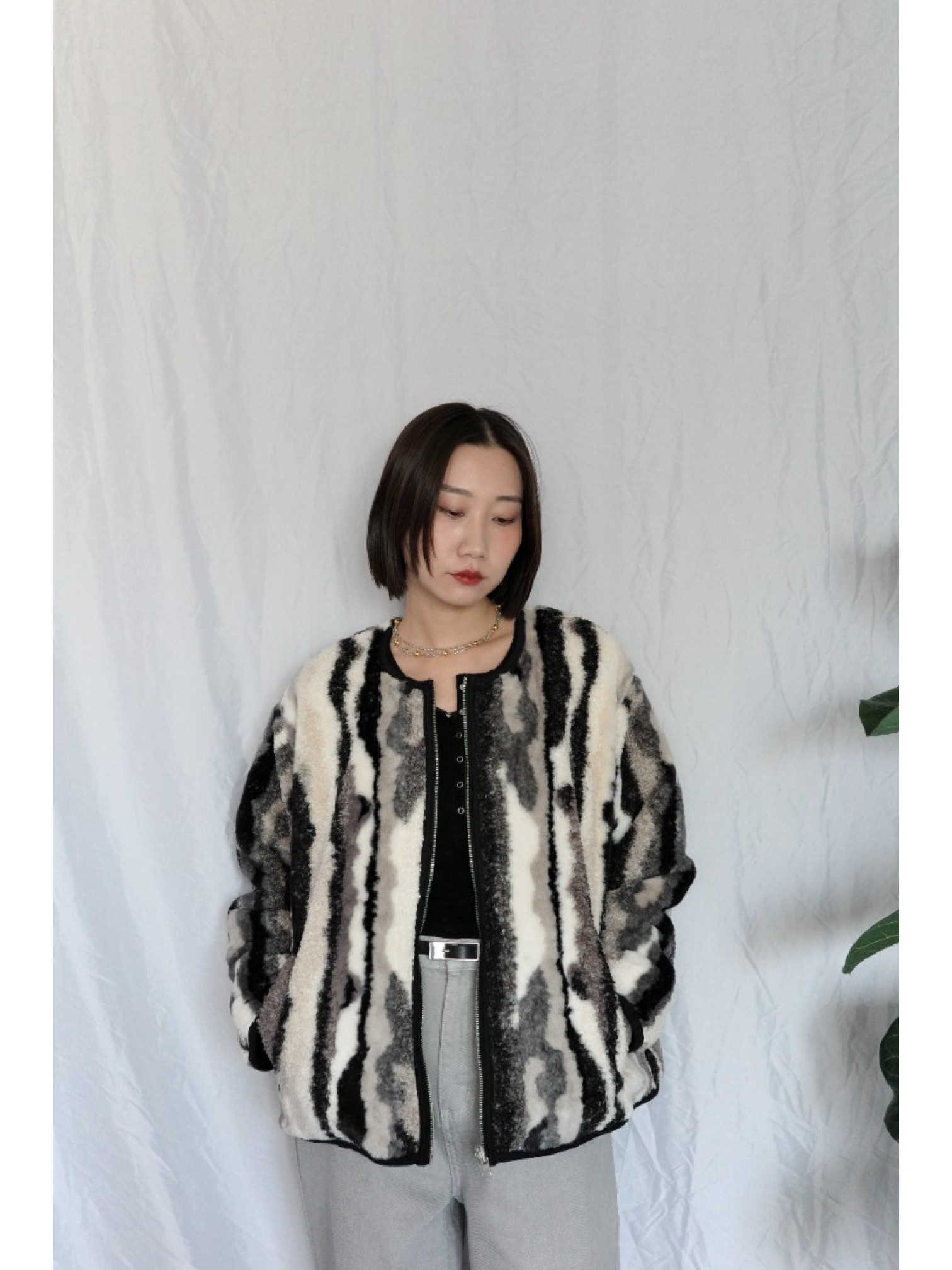 JP｜2way雙面穿波浪紋毛呢外套/黑