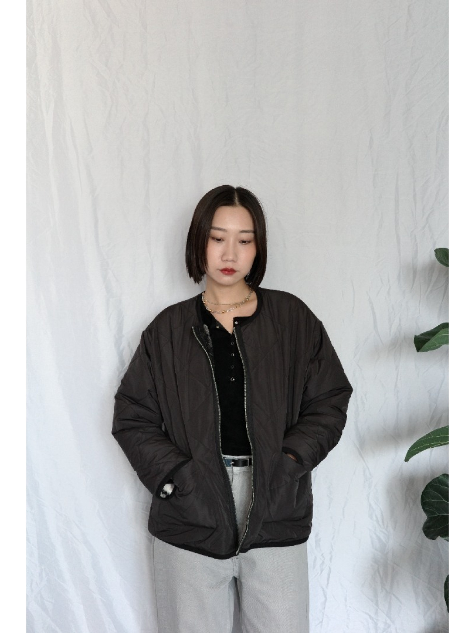 JP｜2way雙面穿波浪紋毛呢外套/黑