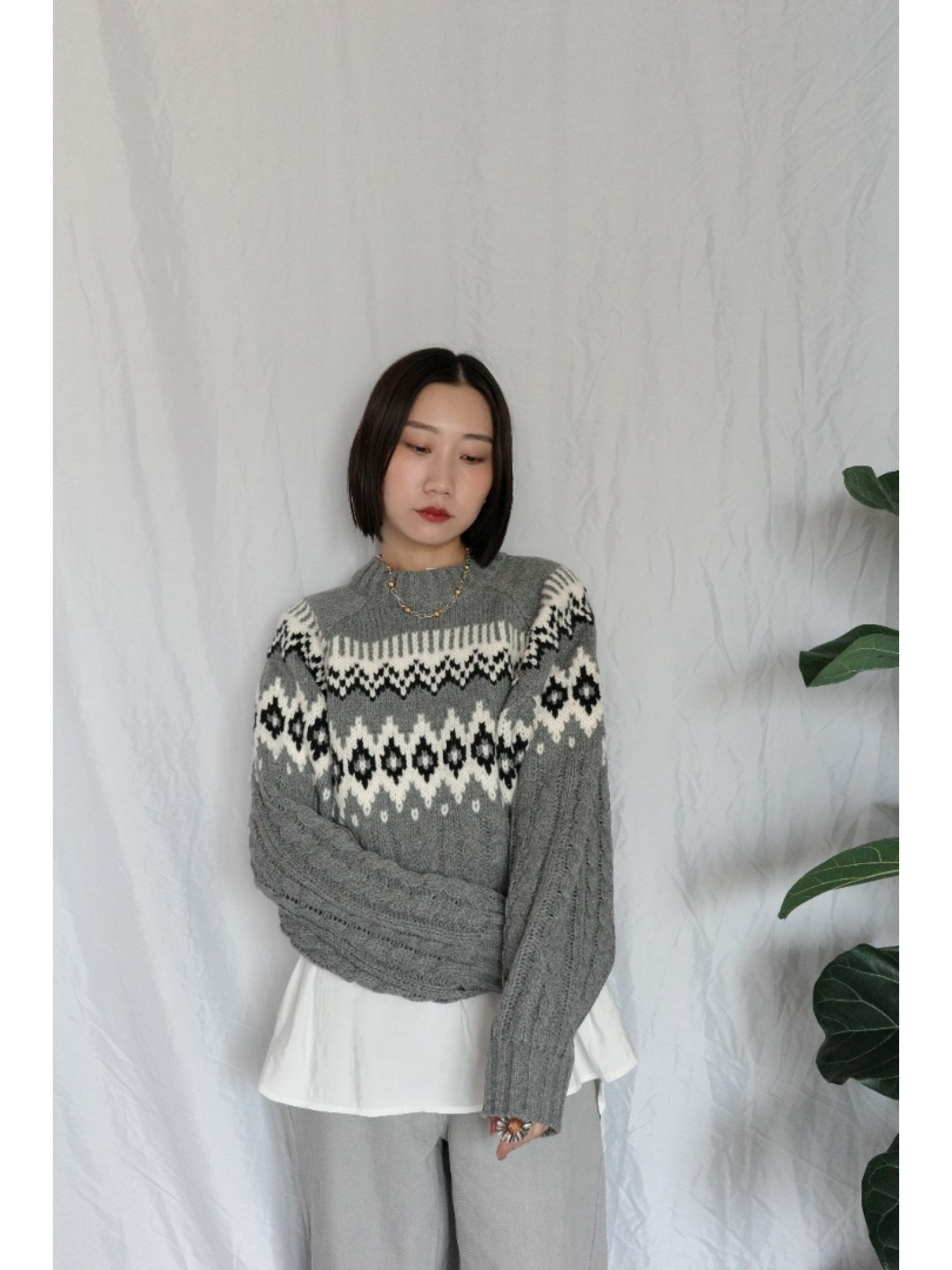 JP｜2way向心提花針織衫/灰