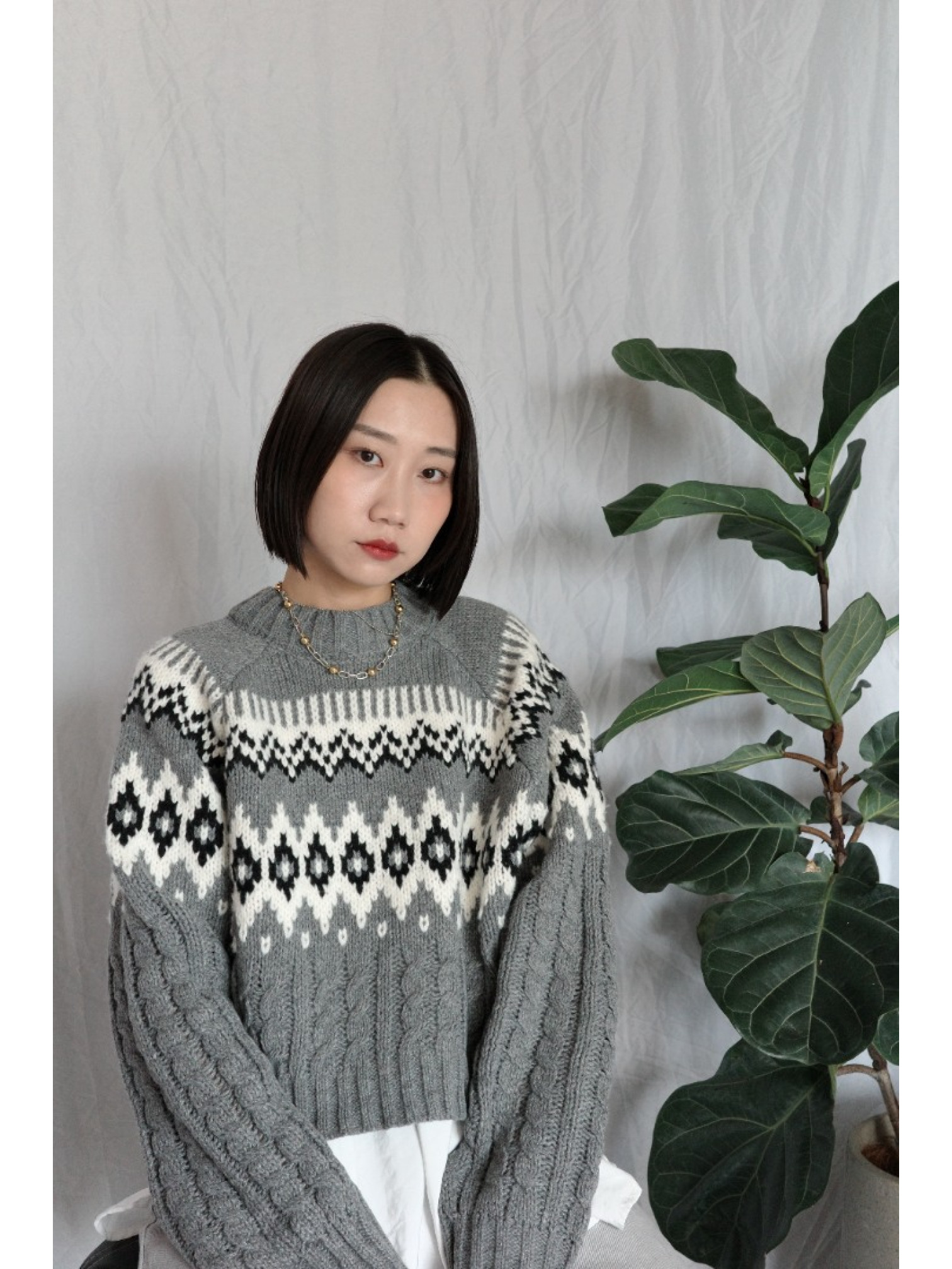 JP｜2way向心提花針織衫/灰