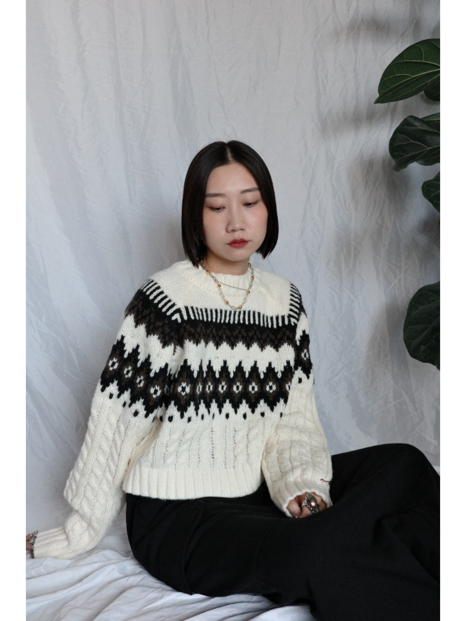 JP｜2way向心提花針織衫/象牙白