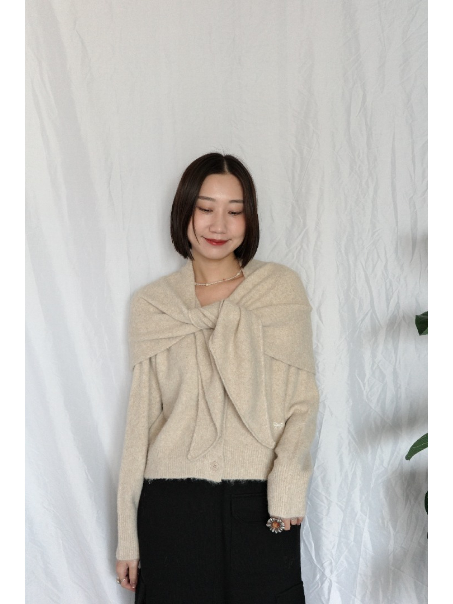 JP｜蝴蝶結刺繡針織衫+披肩兩件組/米