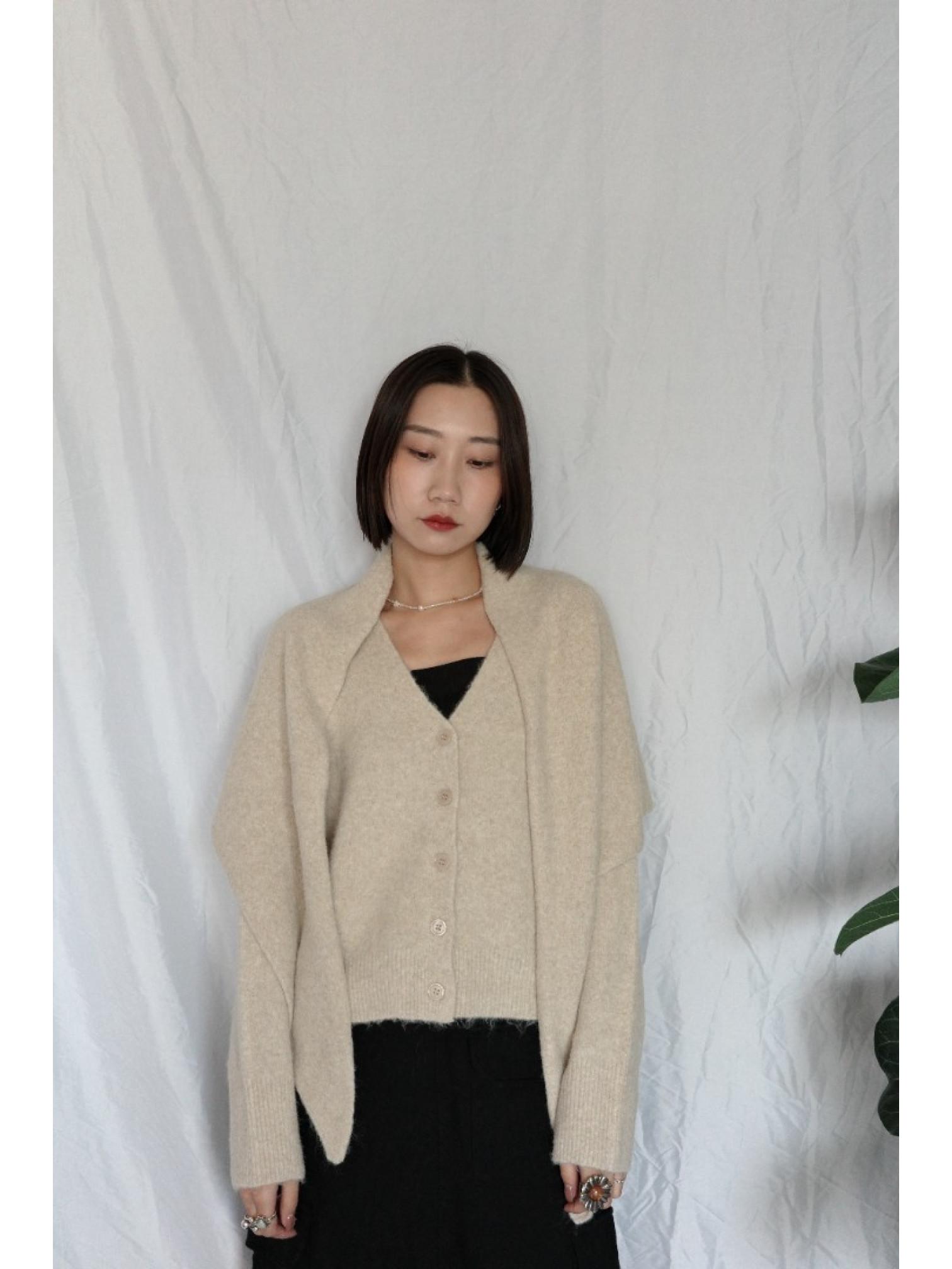 JP｜蝴蝶結刺繡針織衫+披肩兩件組/米