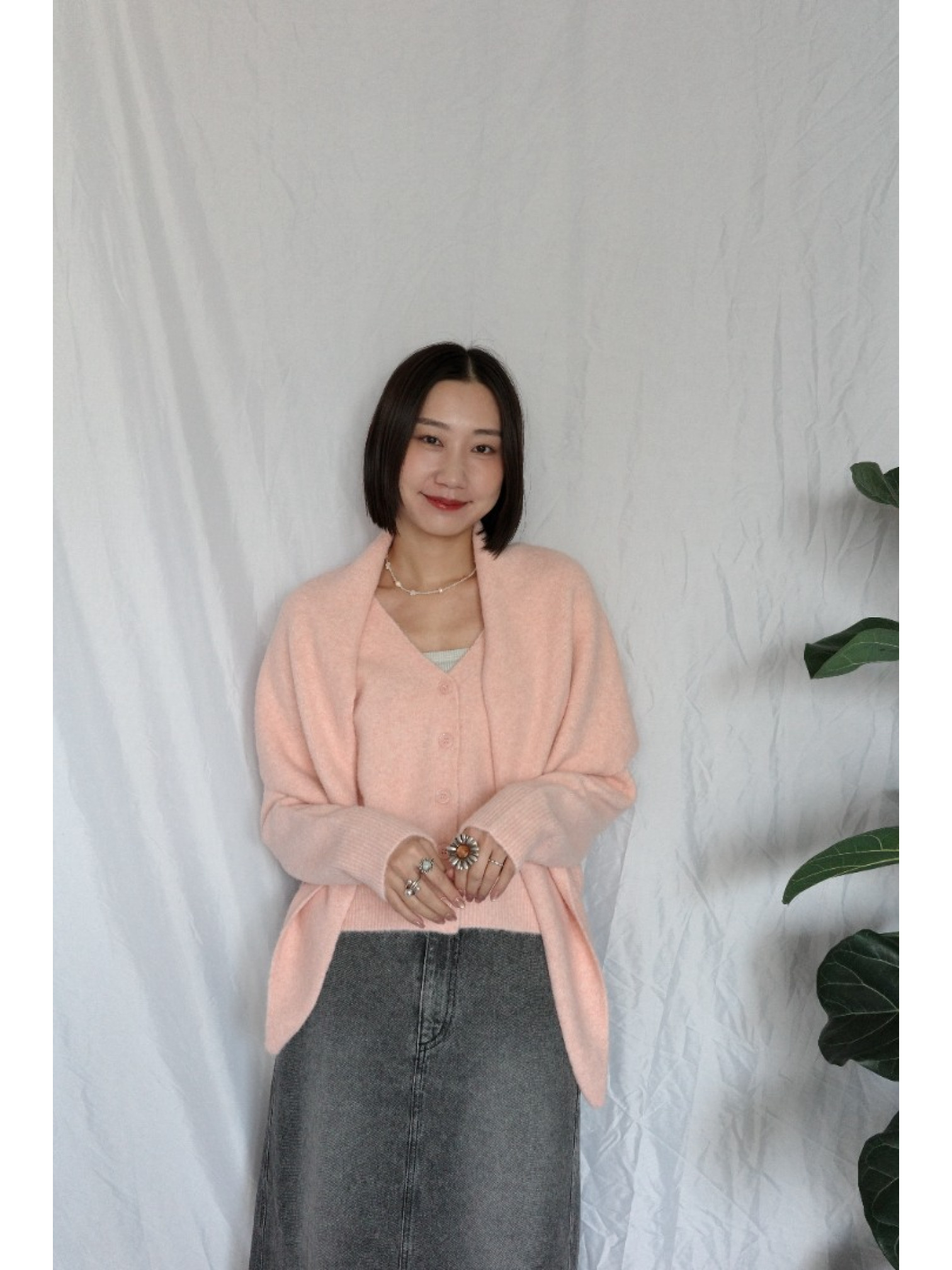 JP｜蝴蝶結刺繡針織衫+披肩兩件組/粉