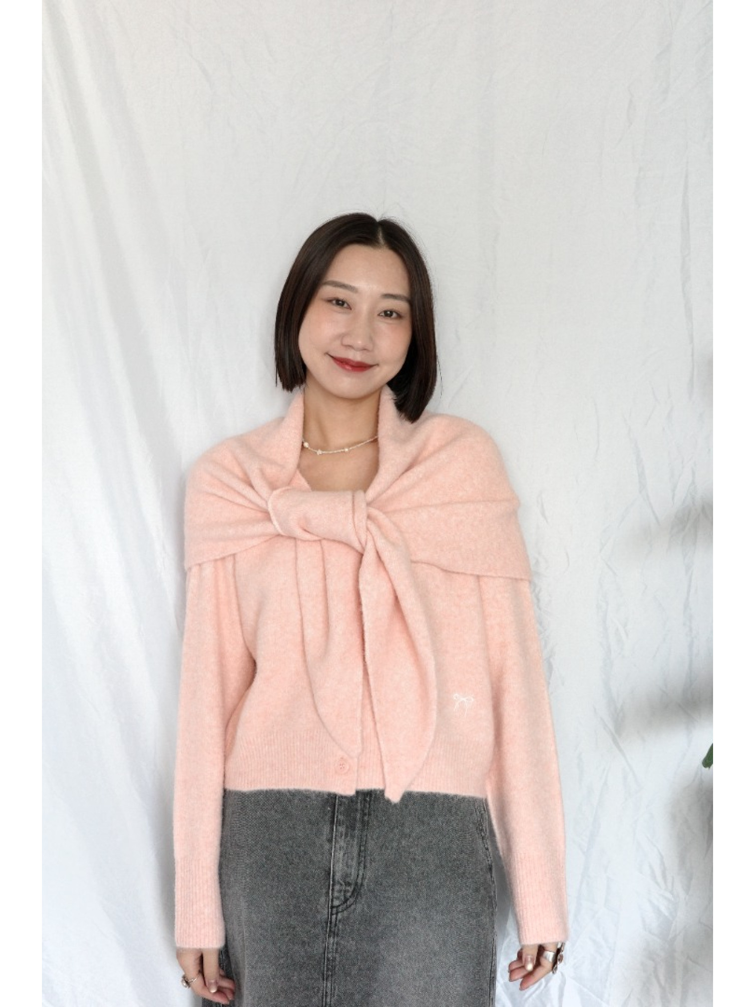 JP｜蝴蝶結刺繡針織衫+披肩兩件組/粉