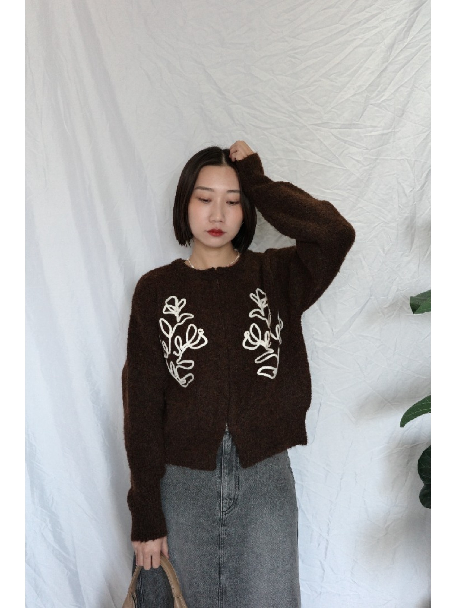 JP｜刺繡花卉羊毛開襟衫/咖