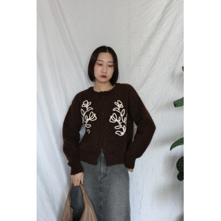 JP｜刺繡花卉羊毛開襟衫/咖