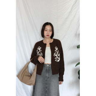 JP｜刺繡花卉羊毛開襟衫/咖