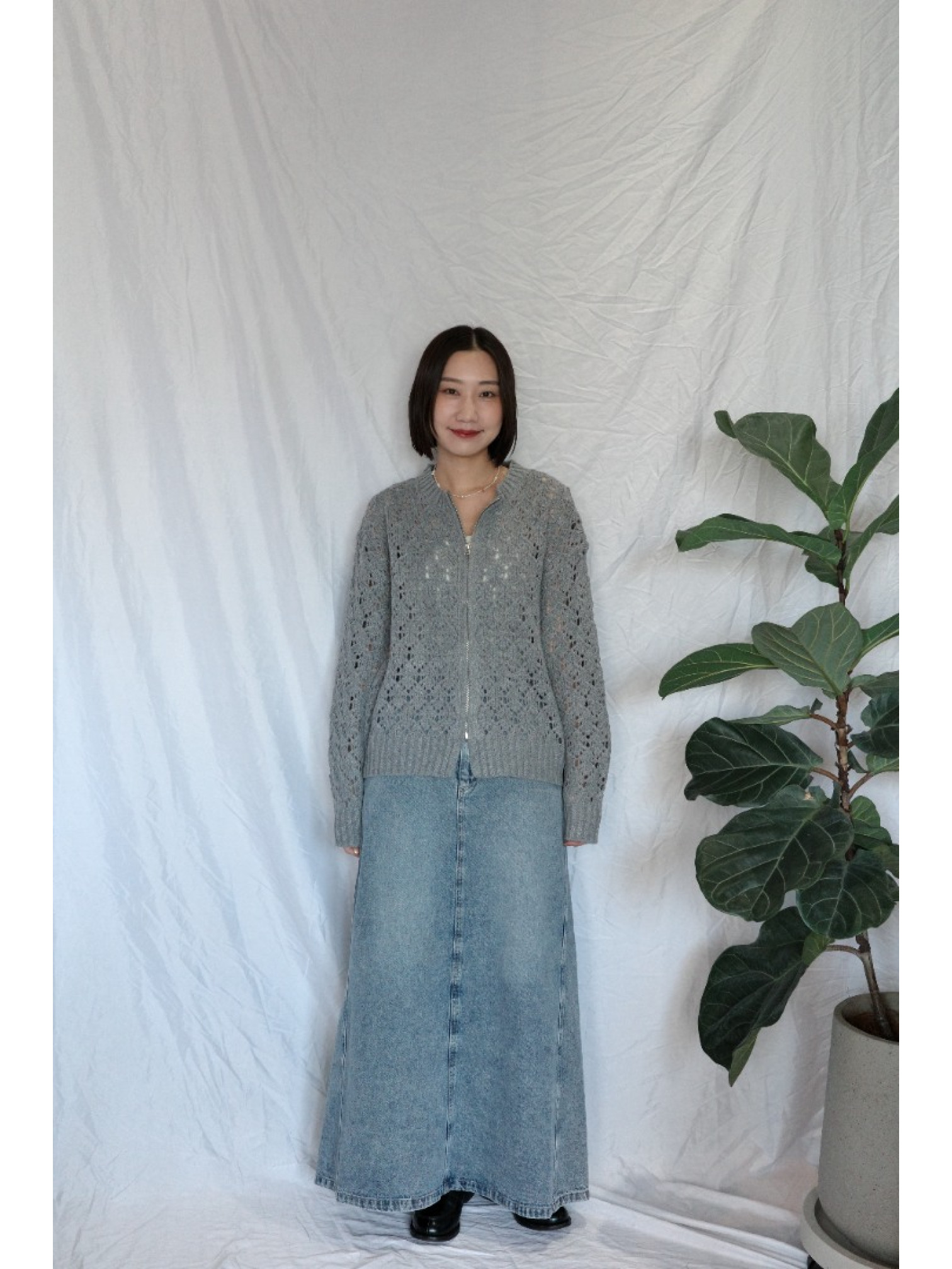 JP｜簡約鏤空針織上衣/灰