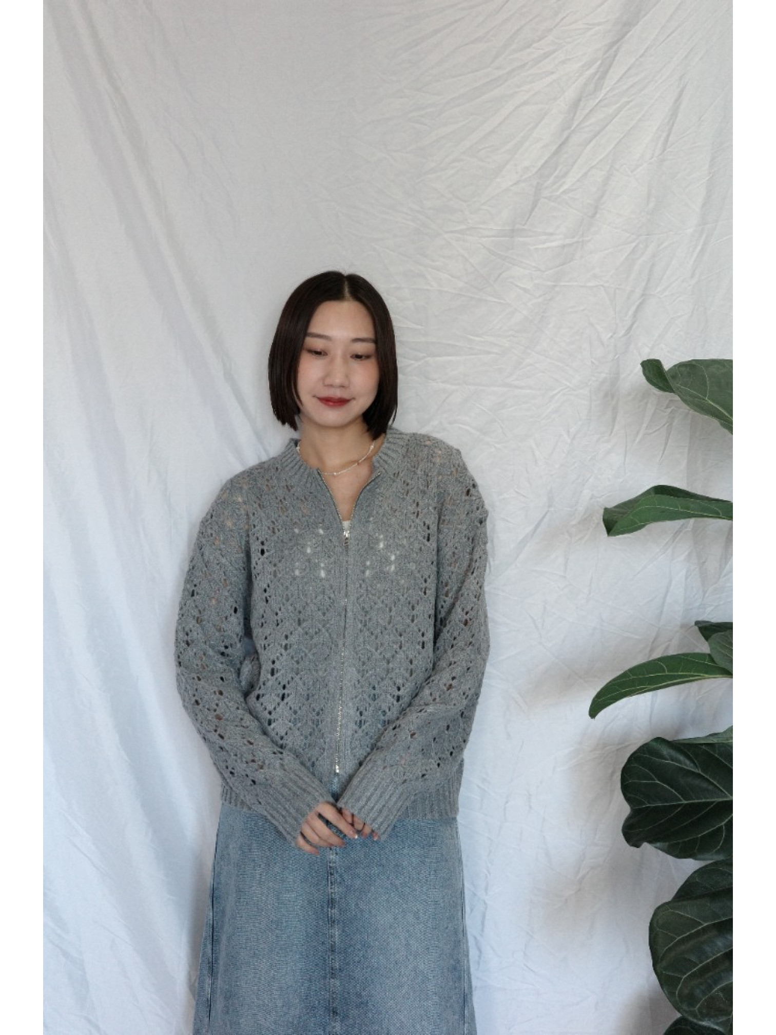 JP｜簡約鏤空針織上衣/灰