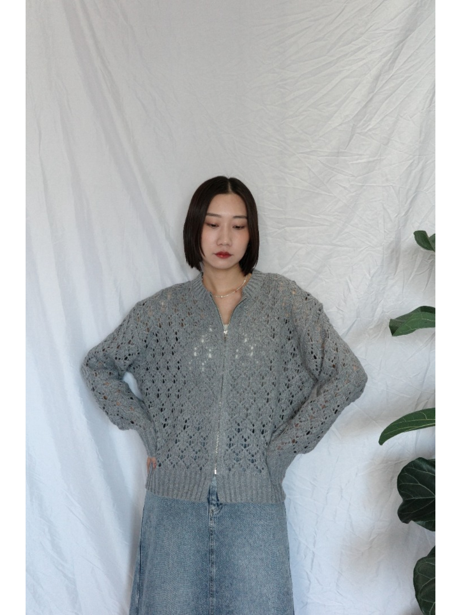 JP｜簡約鏤空針織上衣/灰