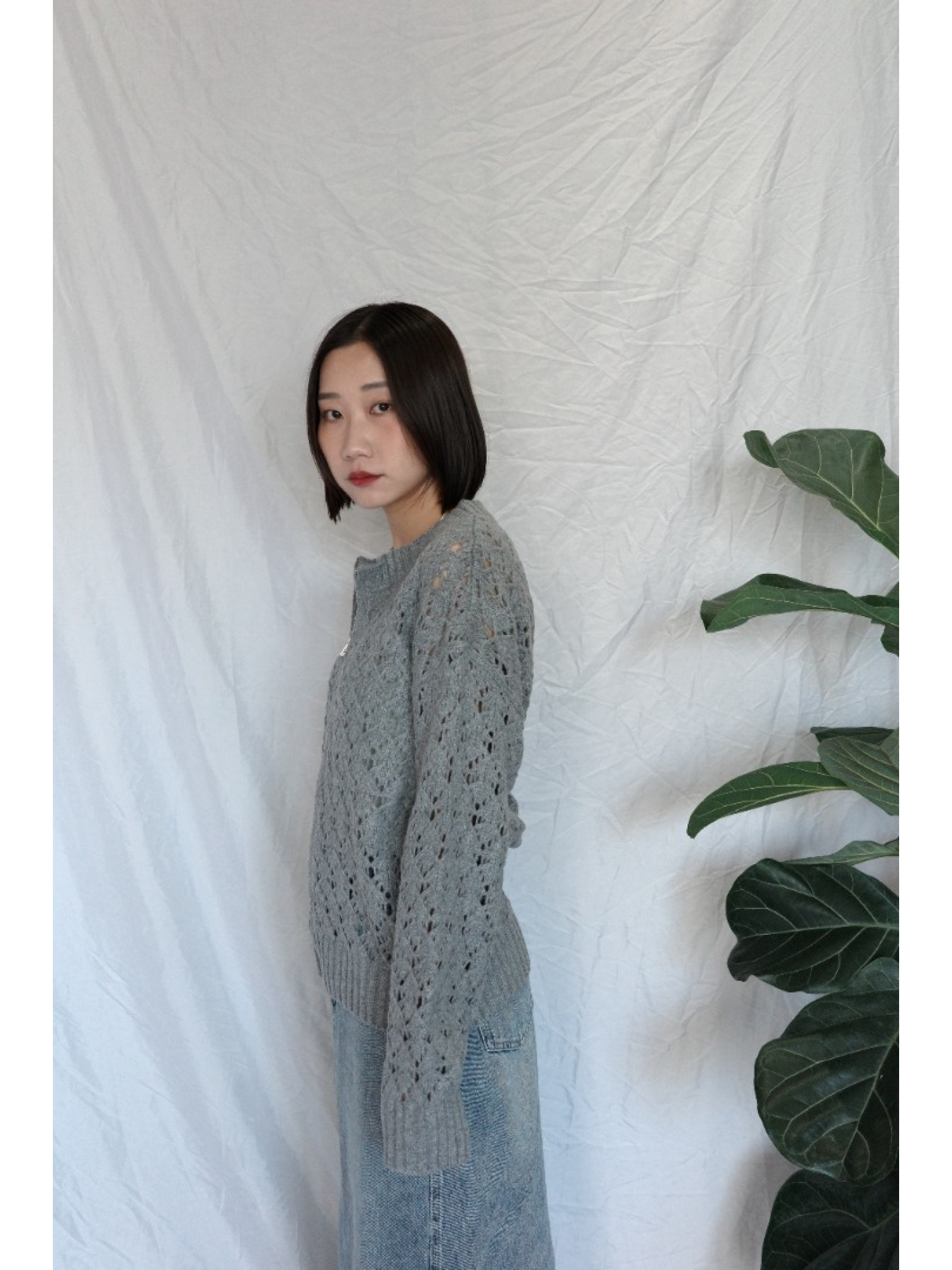 JP｜簡約鏤空針織上衣/灰