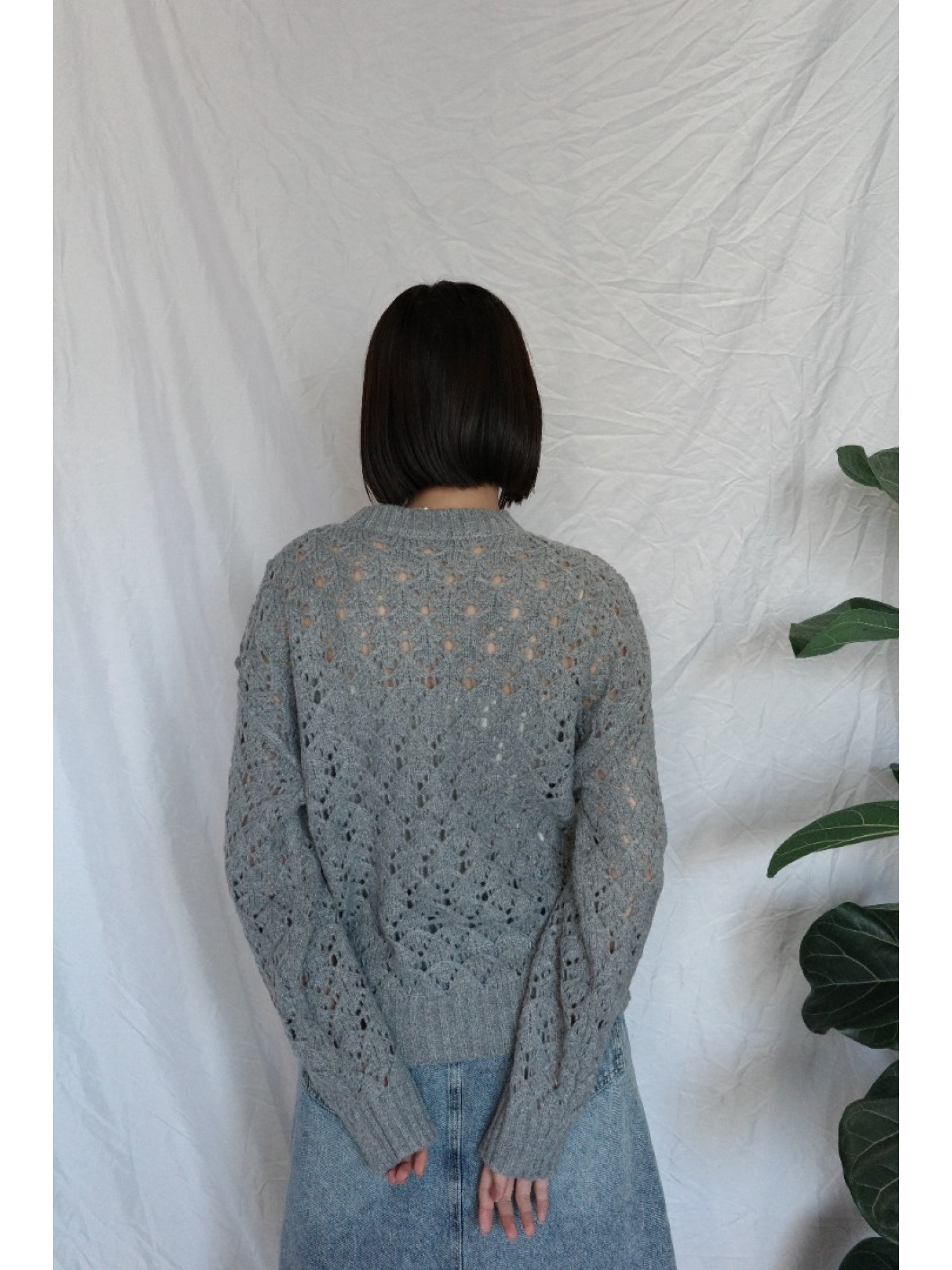 JP｜簡約鏤空針織上衣/灰