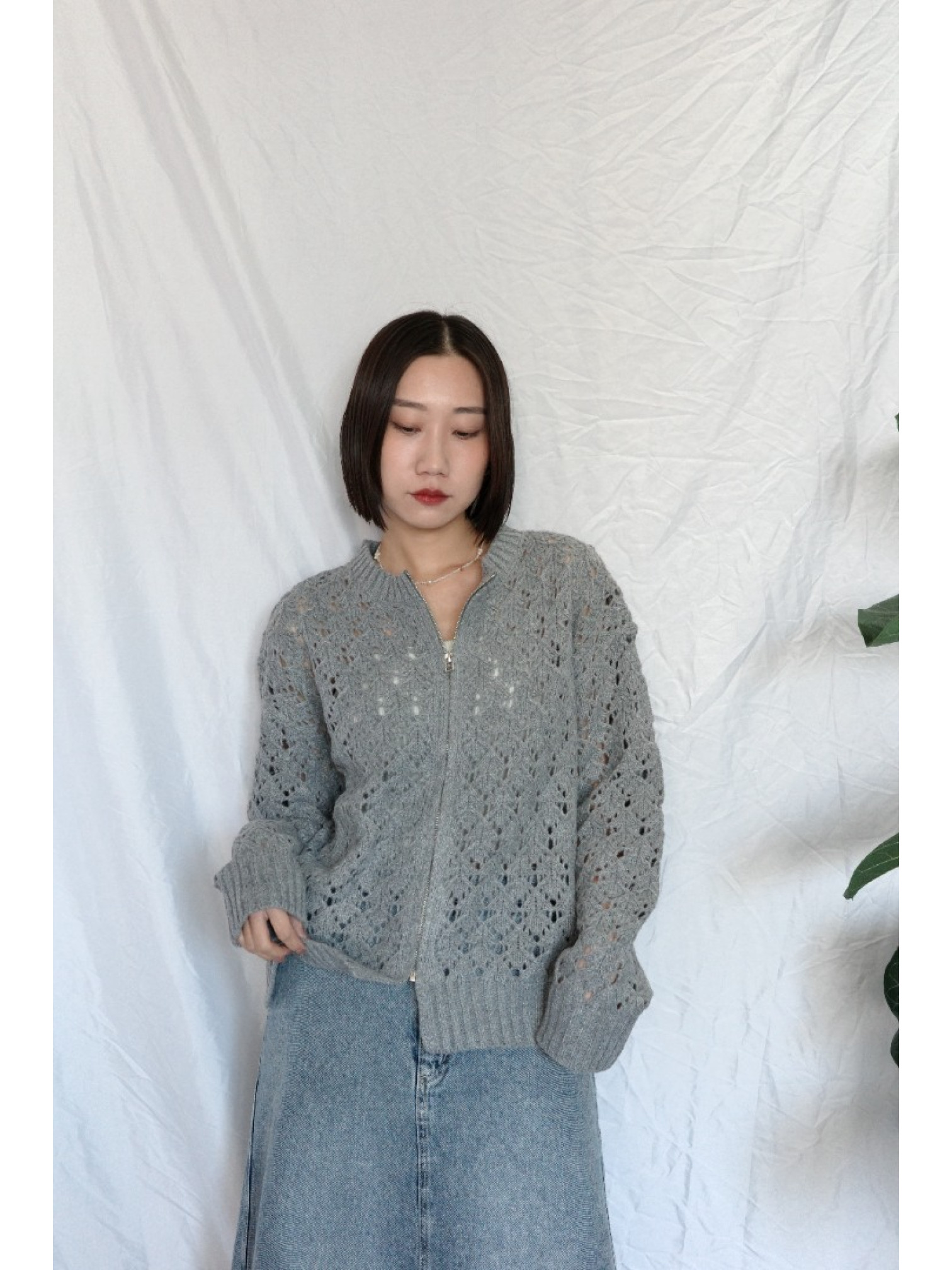 JP｜簡約鏤空針織上衣/灰
