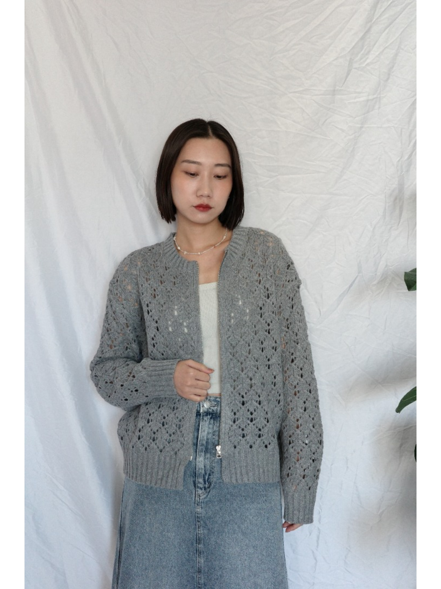 JP｜簡約鏤空針織上衣/灰