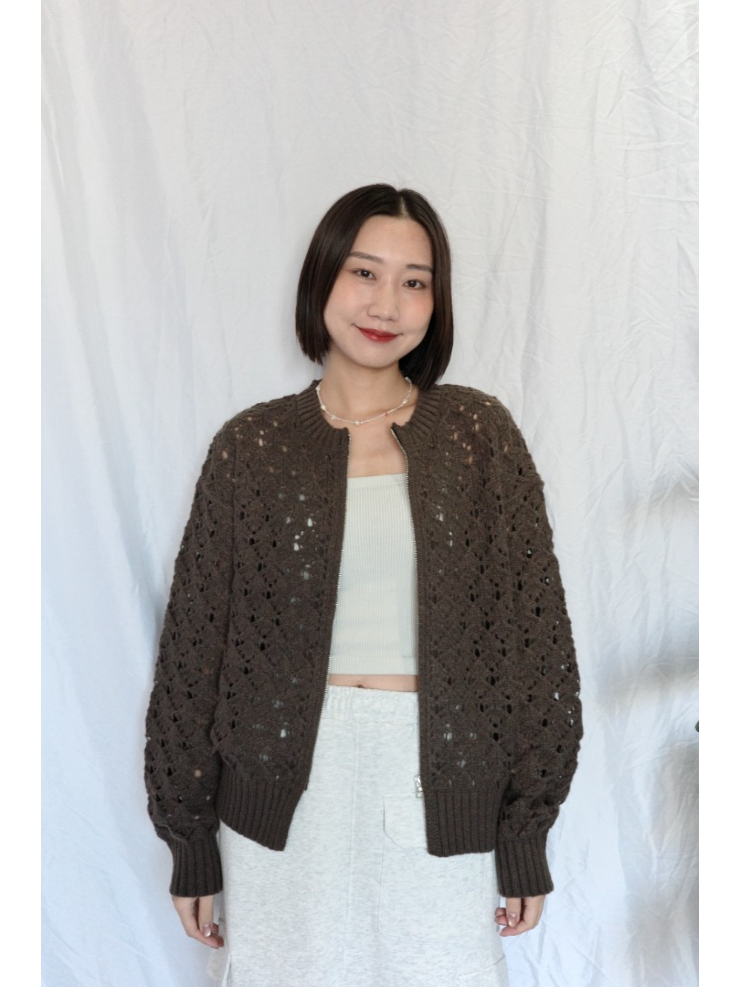 JP｜簡約鏤空針織上衣/咖