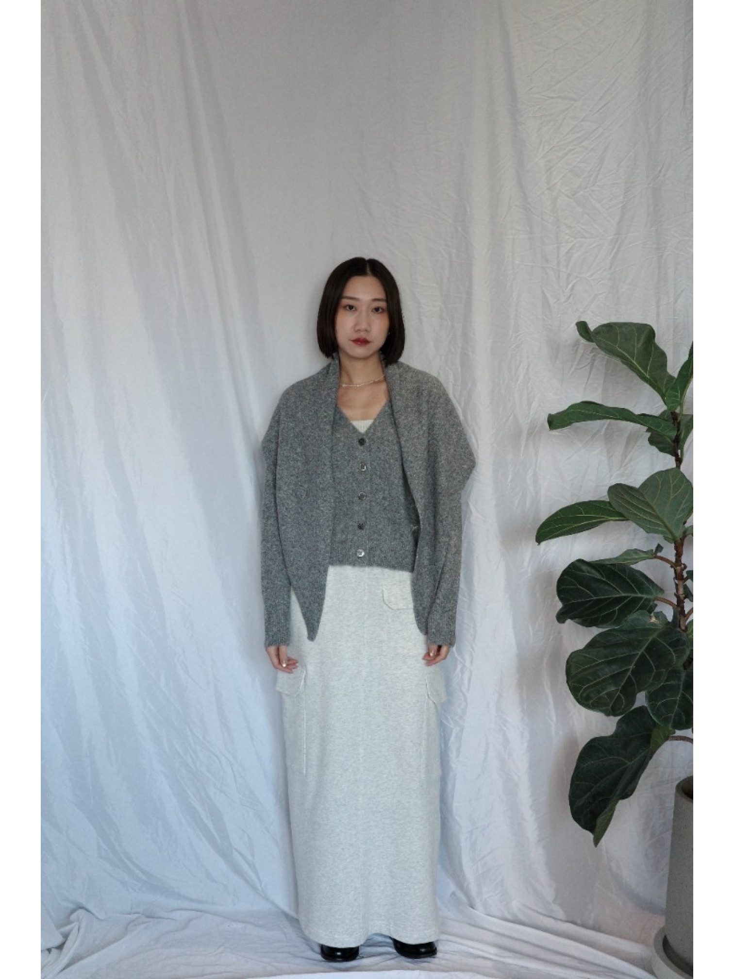 JP｜蝴蝶結刺繡針織衫+披肩兩件組/灰