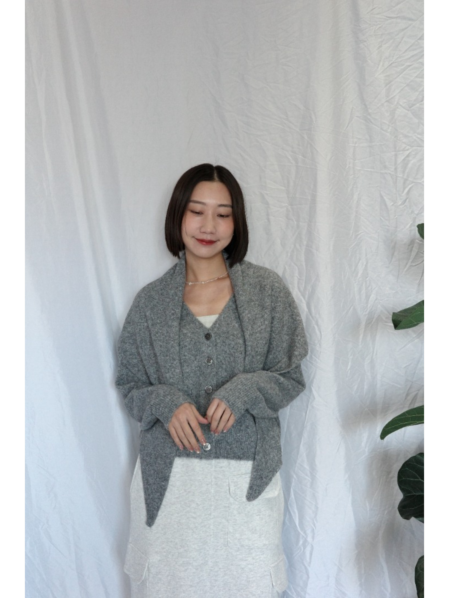 JP｜蝴蝶結刺繡針織衫+披肩兩件組/灰