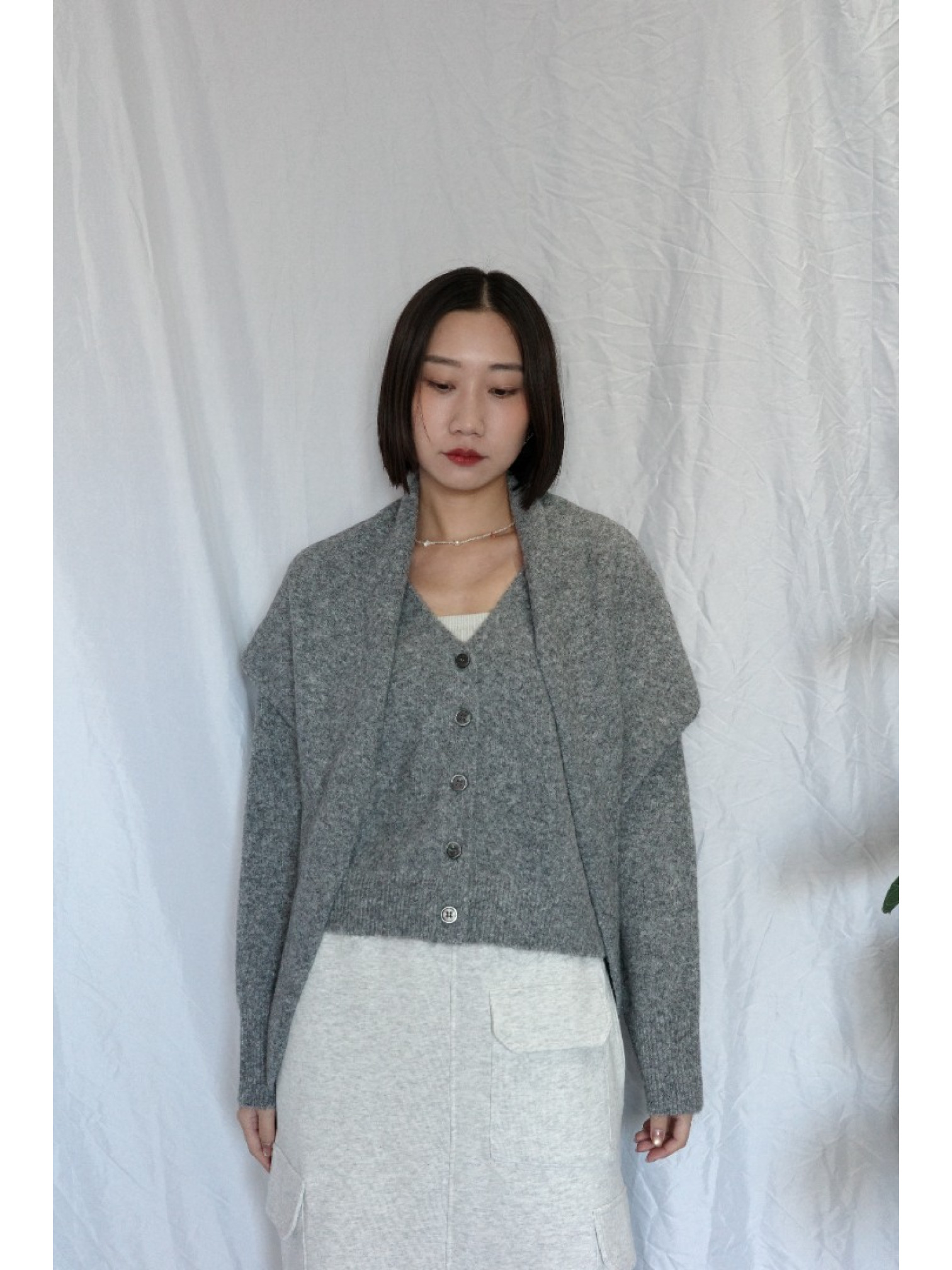 JP｜蝴蝶結刺繡針織衫+披肩兩件組/灰