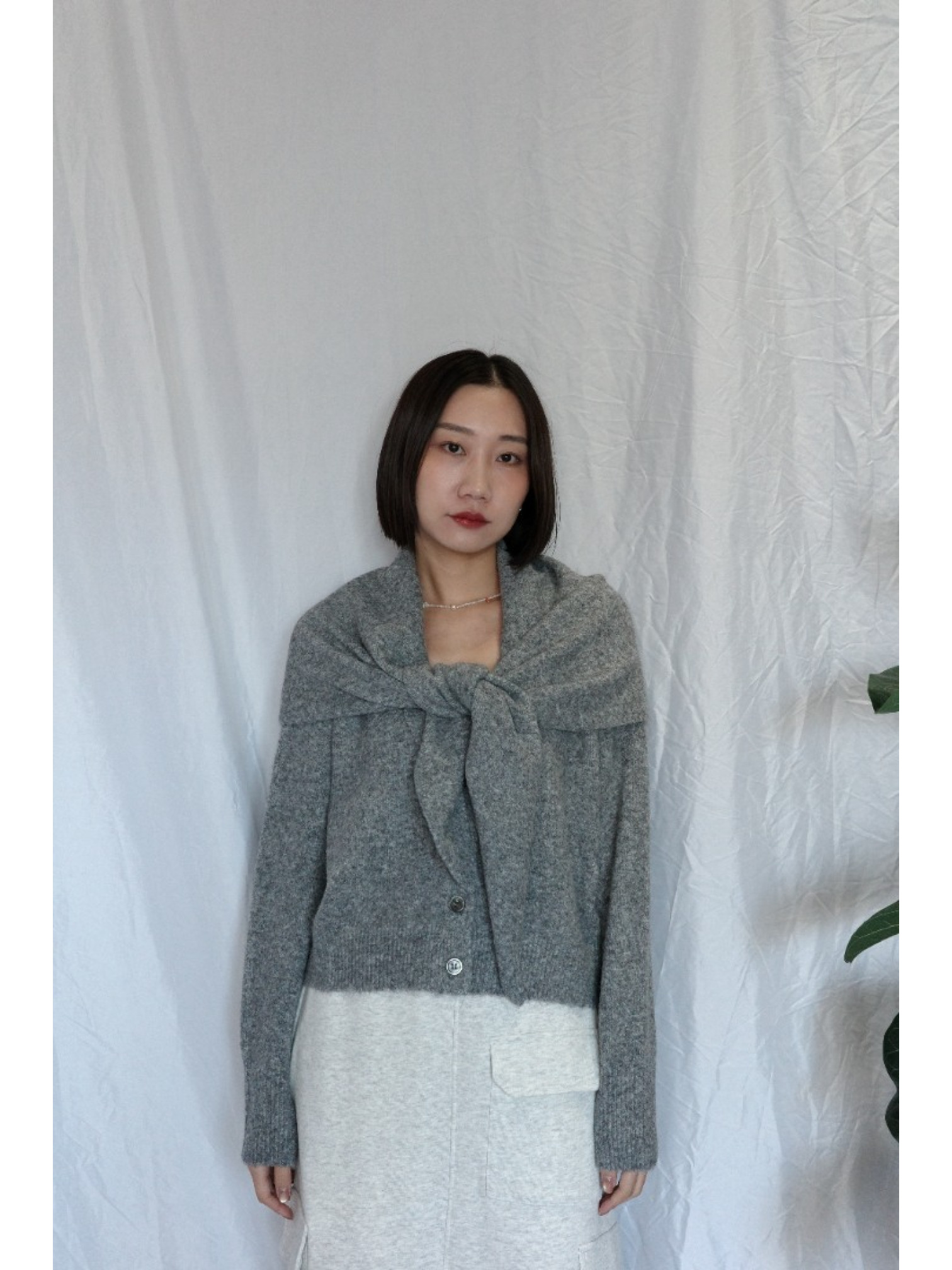 JP｜蝴蝶結刺繡針織衫+披肩兩件組/灰