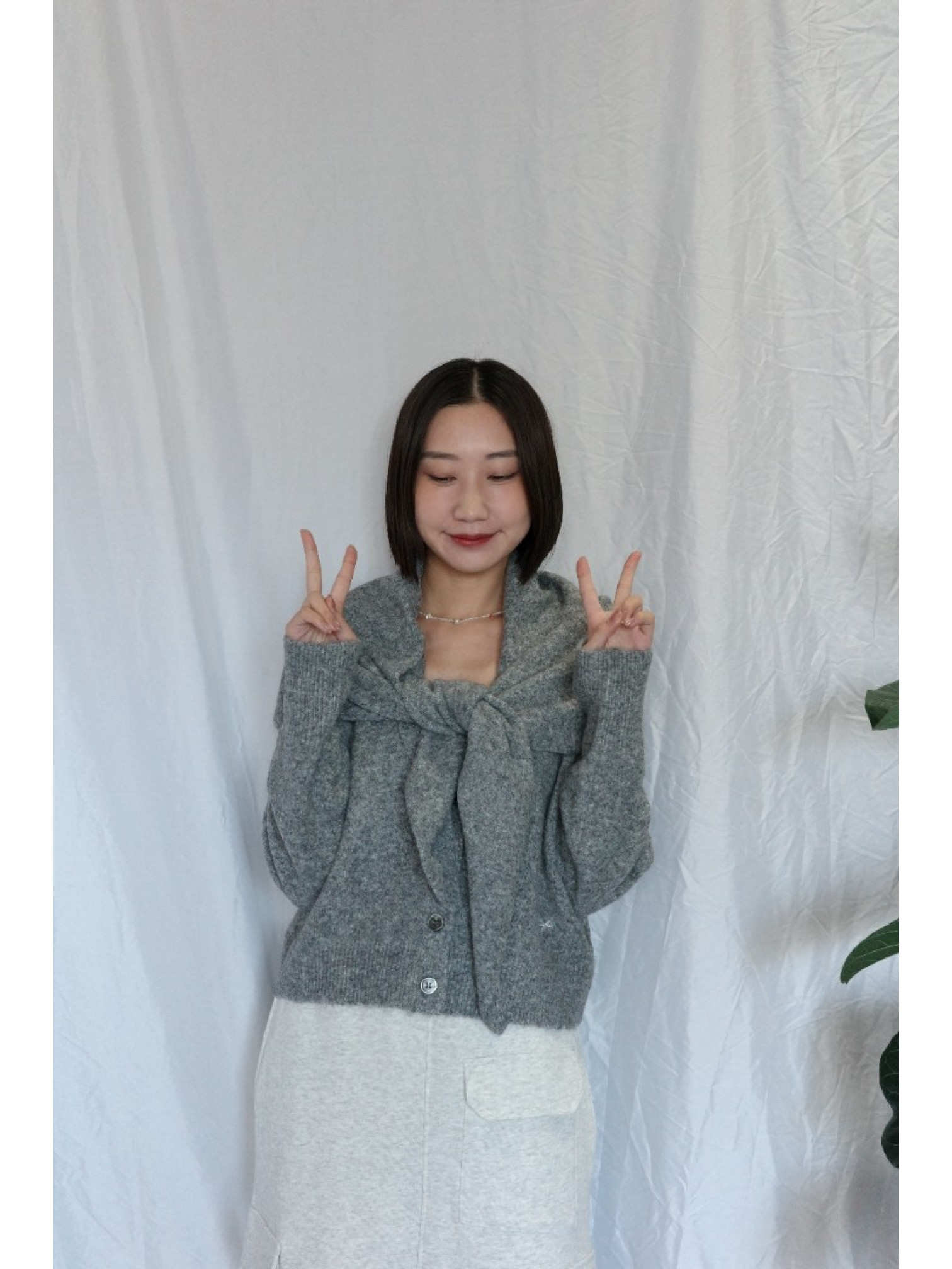 JP｜蝴蝶結刺繡針織衫+披肩兩件組/灰