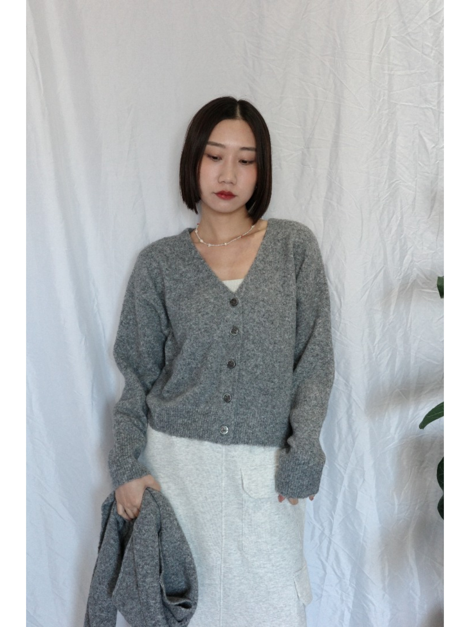 JP｜蝴蝶結刺繡針織衫+披肩兩件組/灰