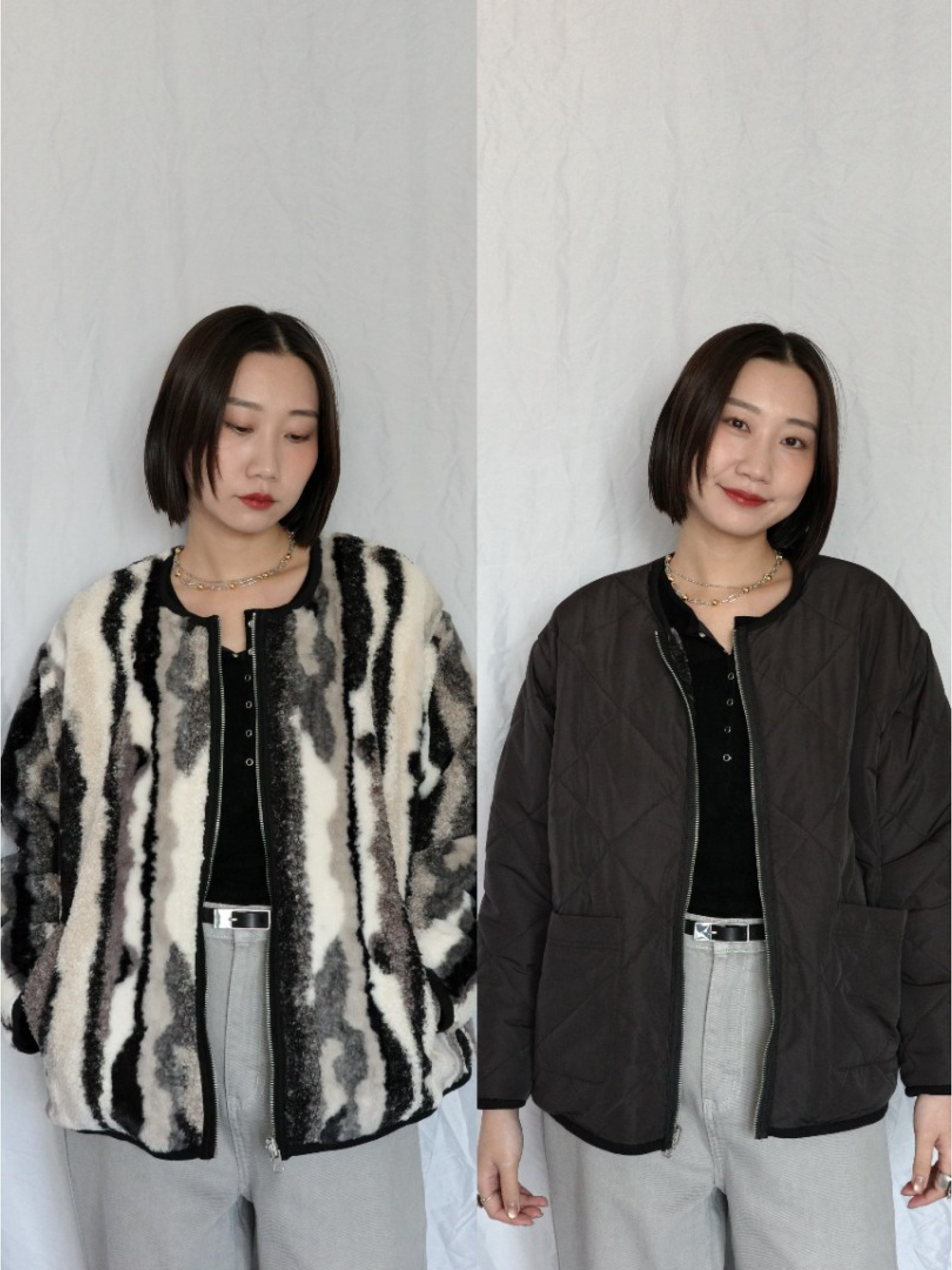 JP｜2way雙面穿波浪紋毛呢外套/黑