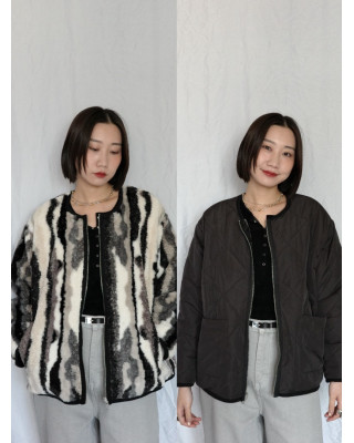 JP｜2way雙面穿波浪紋毛呢外套/黑