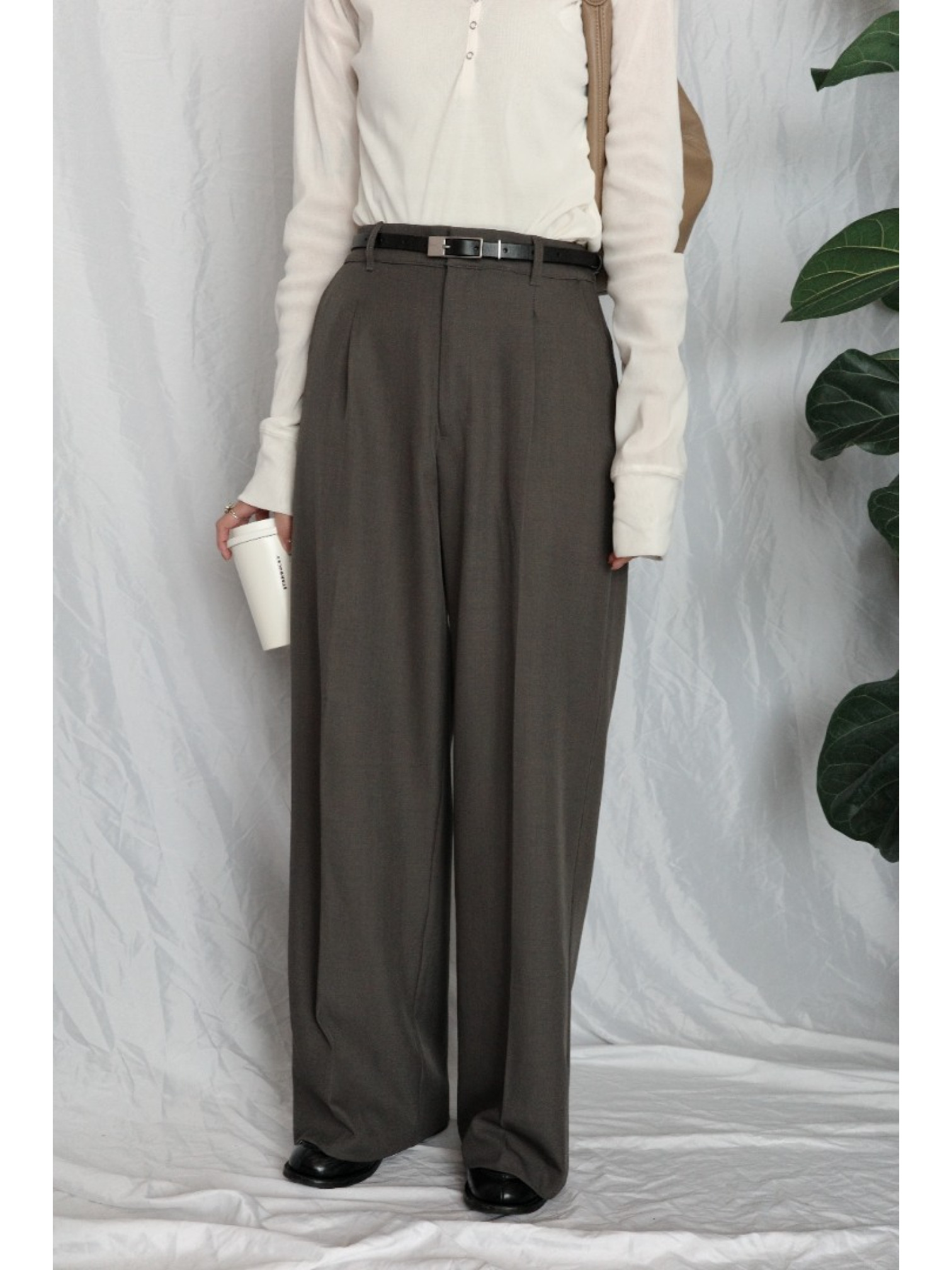 JP｜俐落收腰打褶西裝褲/灰咖M-L