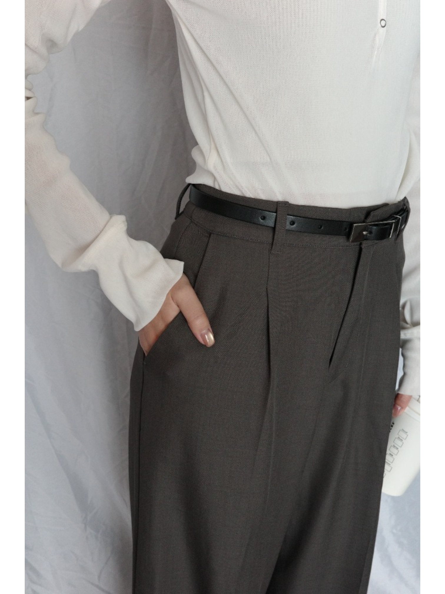 JP｜俐落收腰打褶西裝褲/灰咖M-L