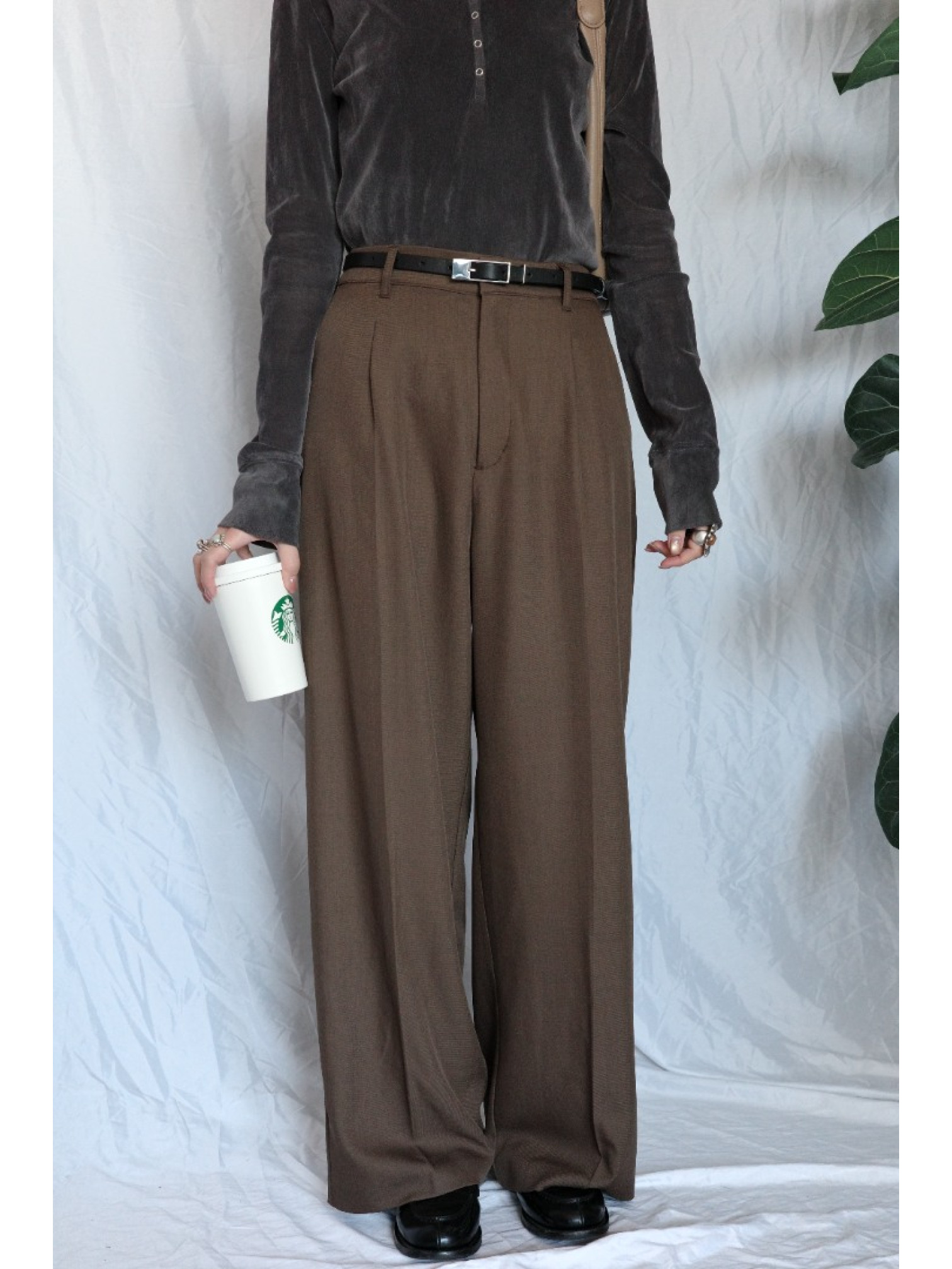 JP｜俐落收腰打褶西裝褲/咖M-L